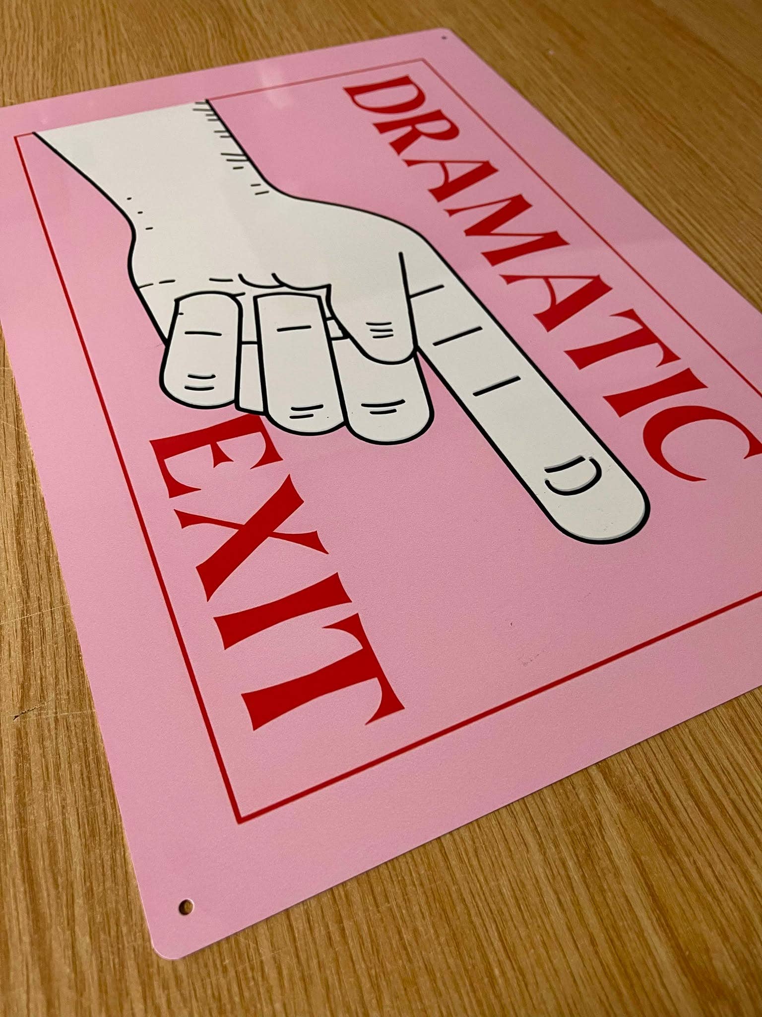 Dramatic Exit Pointing Hand Metal Sign Plaque: 11x16inch