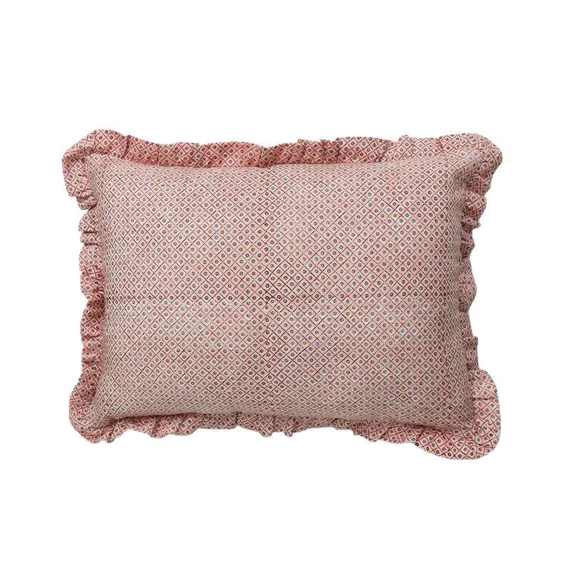 Pink Dot & Grid Block Printed Ruffled Cushion Cover