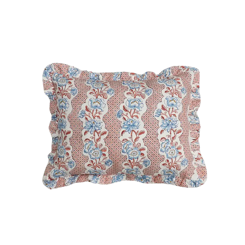 Pink Blooming Trellis Block Printed Ruffled Cushion Cover