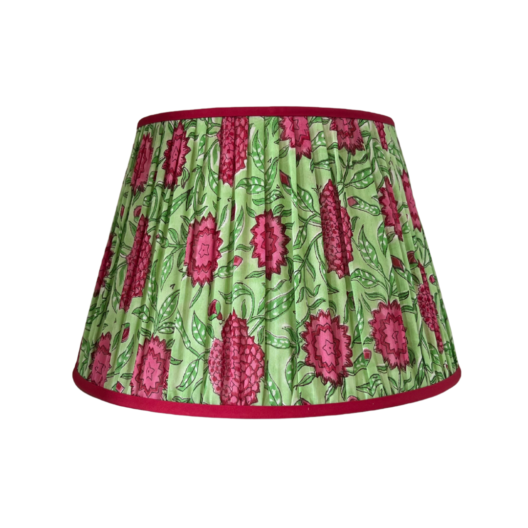 Artisan Sari 16” Shade - Green with Large Pink Flowers, Bright Pink Trim