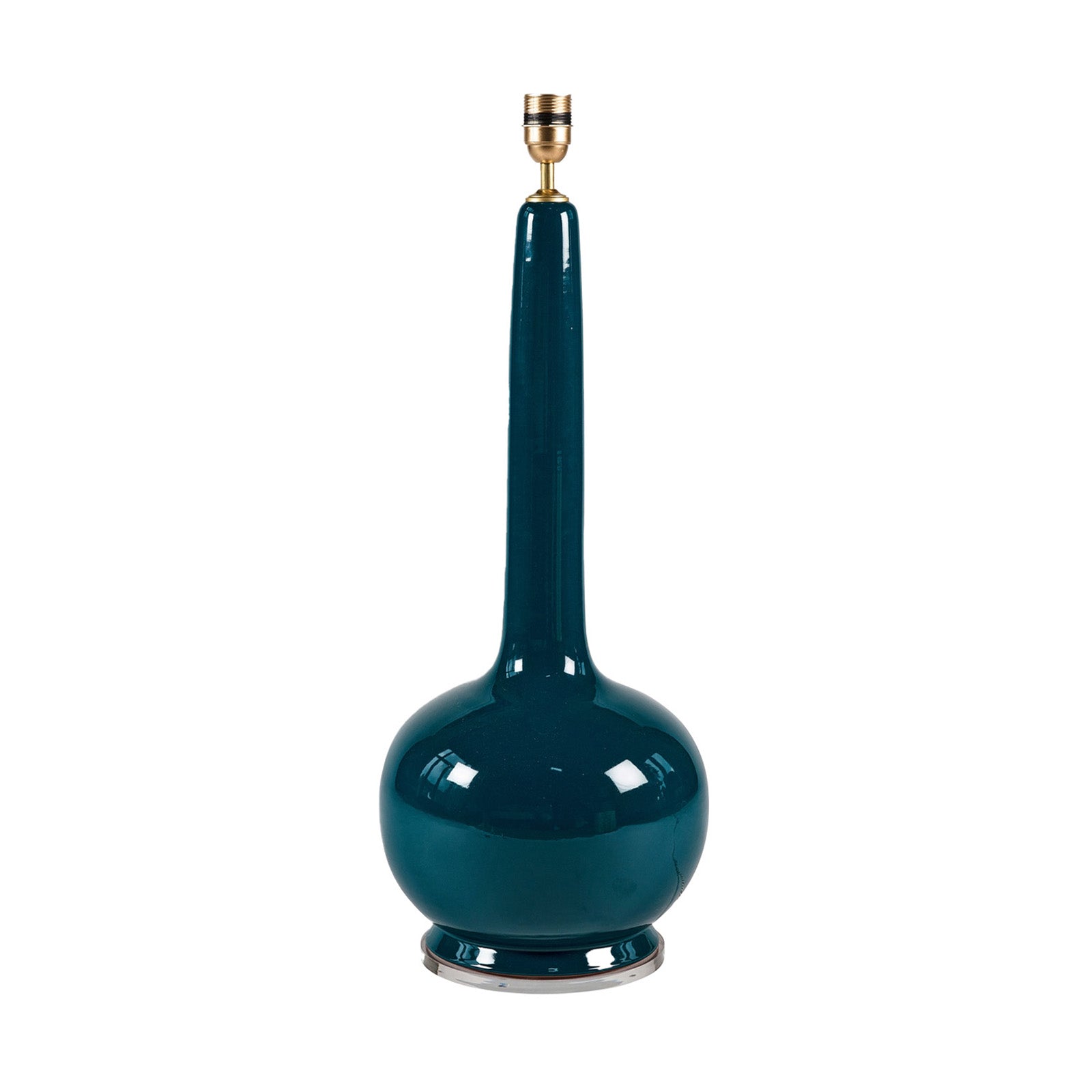A dark teal ceramic lamp base with an acrylic base, designed to accommodate an 18" to 20” lampshade, against a white background.