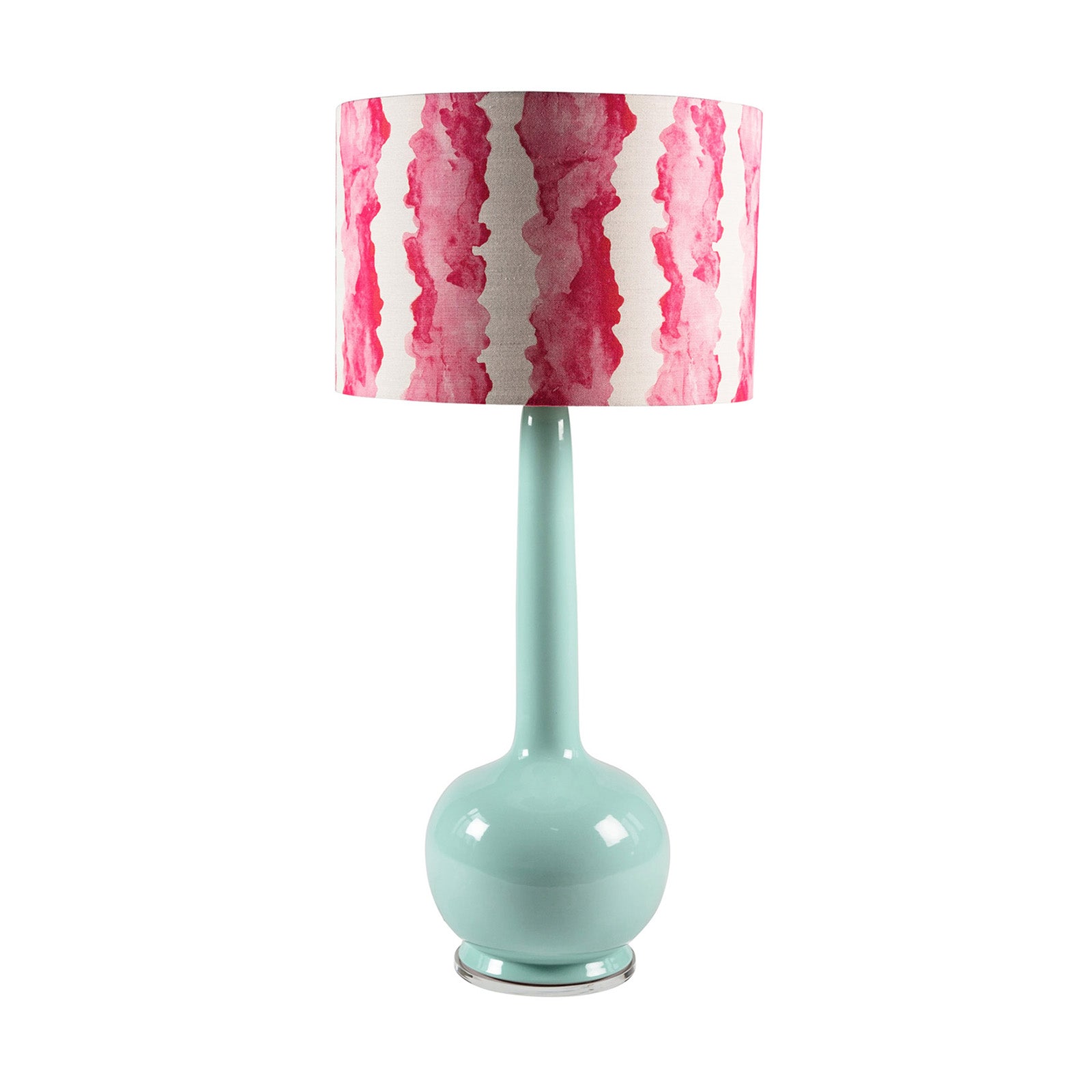 Sky Blue Beau Lamp with a pink and white striped shade