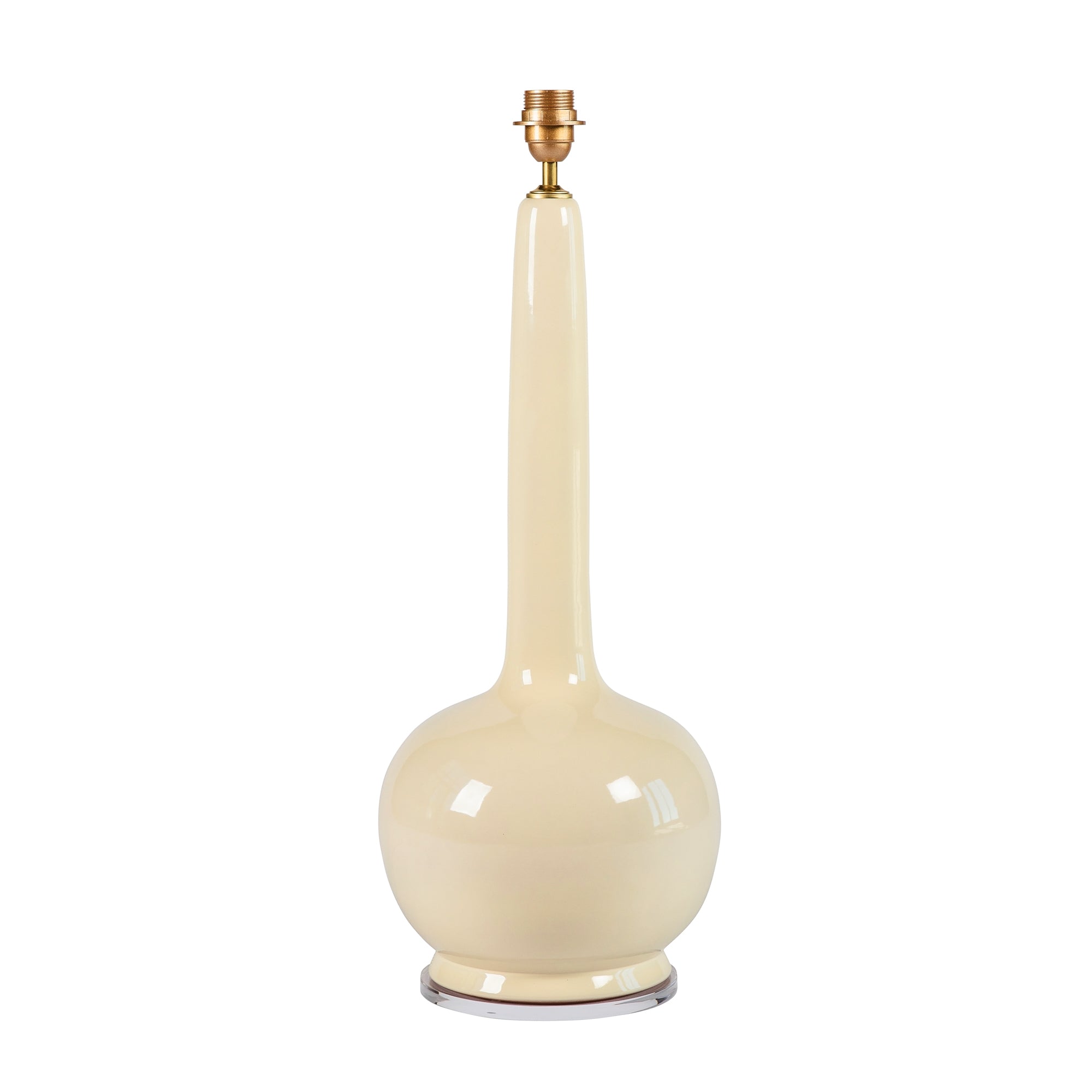 Cream-colored bottle-shaped lamp with gold base on a white background