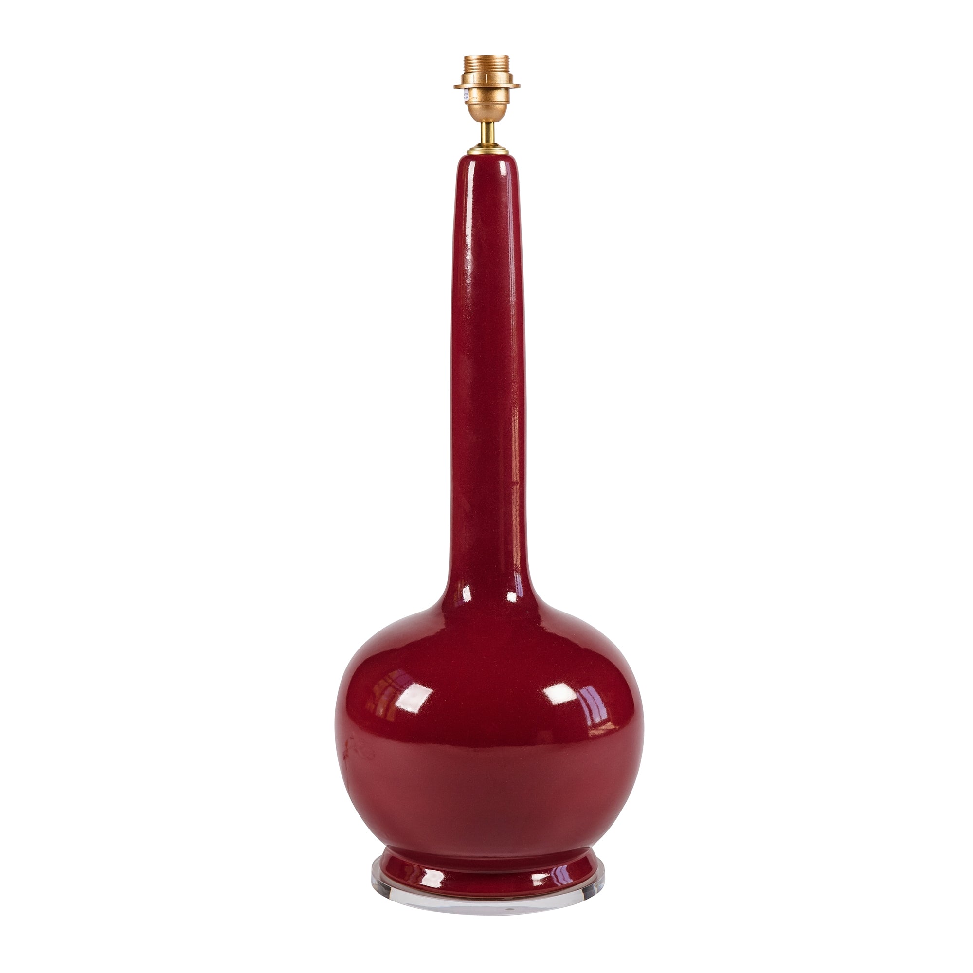 Beau Lamp in Port. ceramic large bottle-shaped lamp with a gold base on a white background