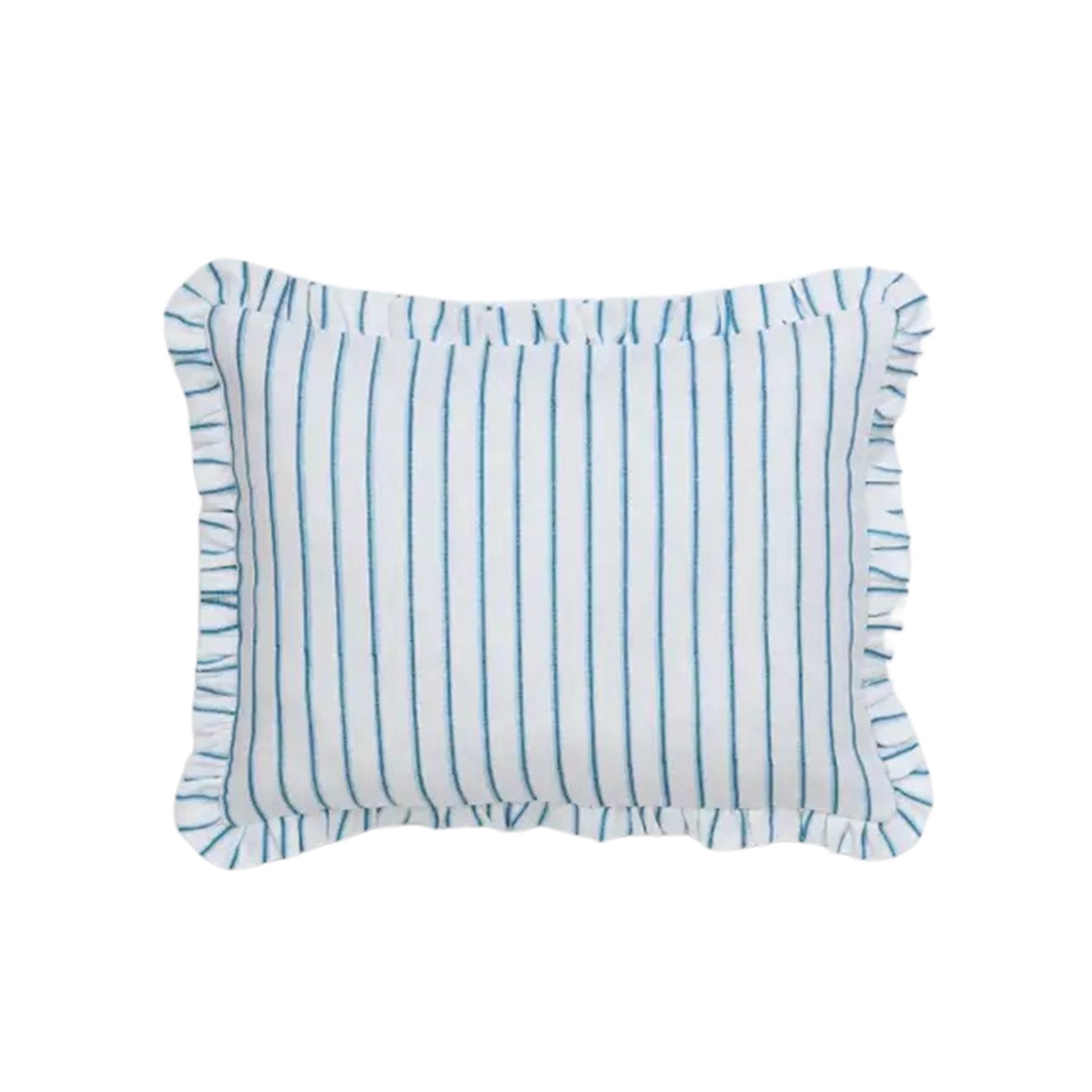 Rectangular pillow with blue and white striped pattern on a white background