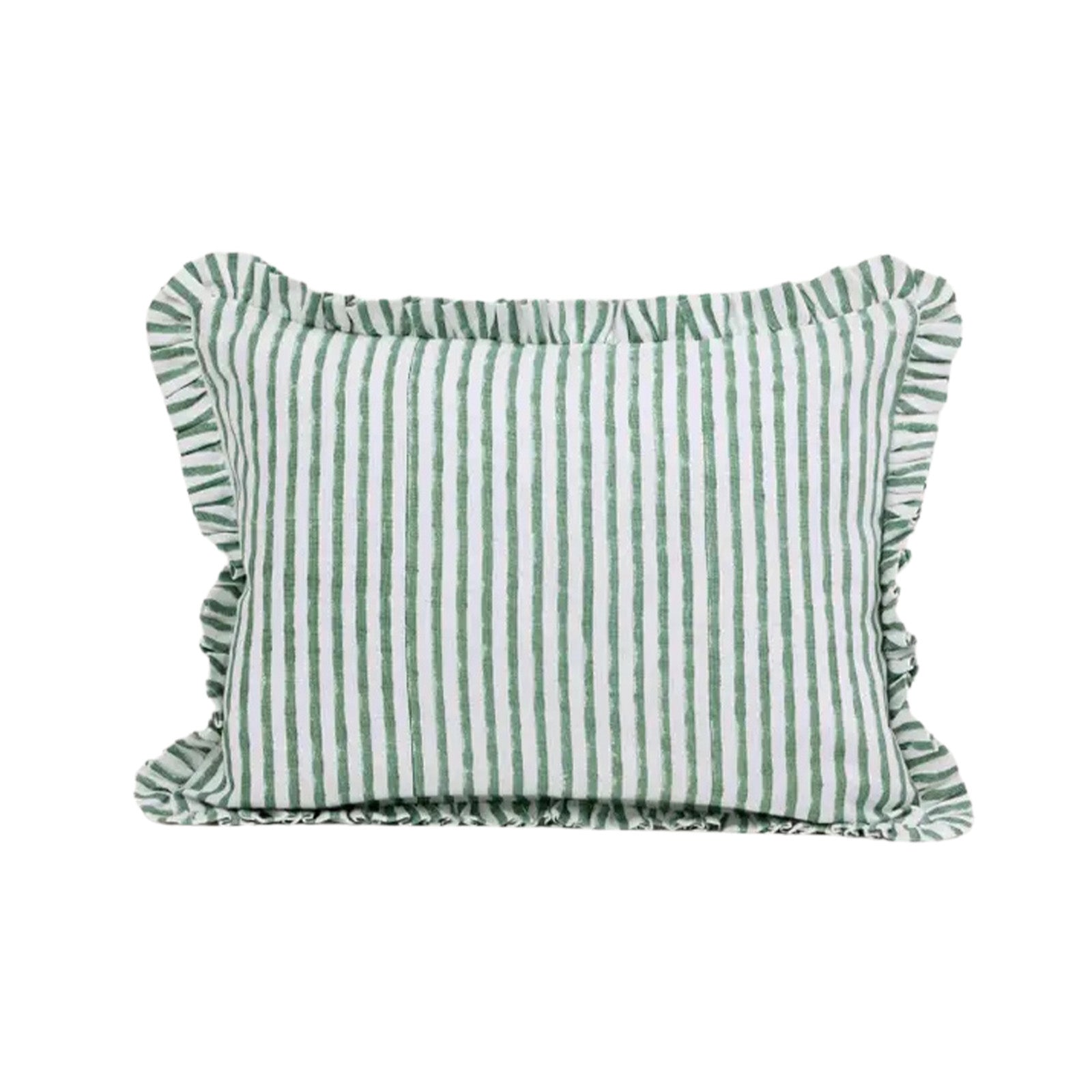 Green and white striped pillow with ruffled edges on a white background