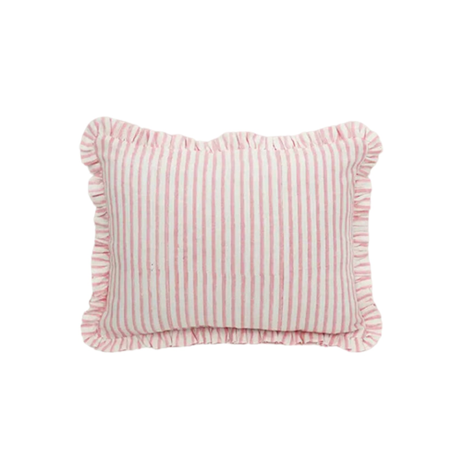 Pink and white striped pillow with ruffled edges on a white background