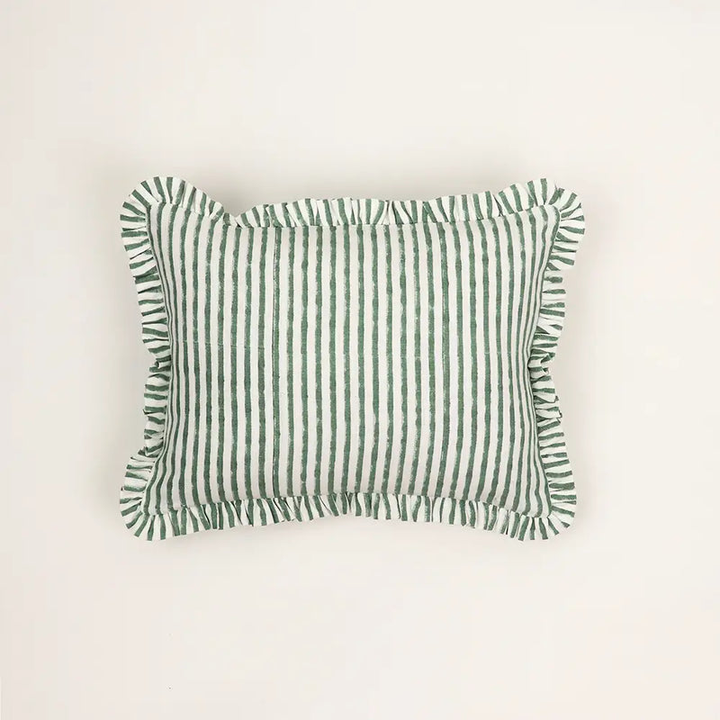 Bengal Stripes Block Printed Ruffled Cushion Cover - Green