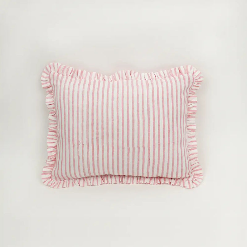 Bengal Stripes Block Printed Ruffled Cushion Cover - Pink