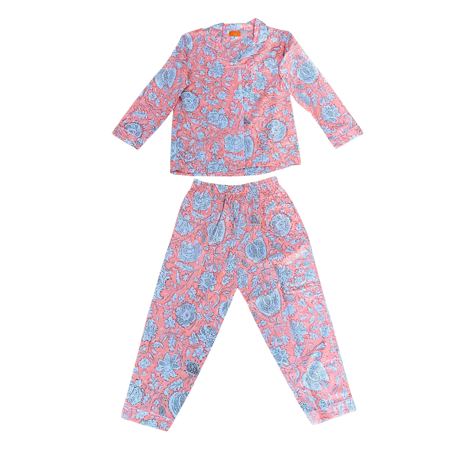 Block Print Cotton Pyjama Set – Apricot with Tropical Flowers