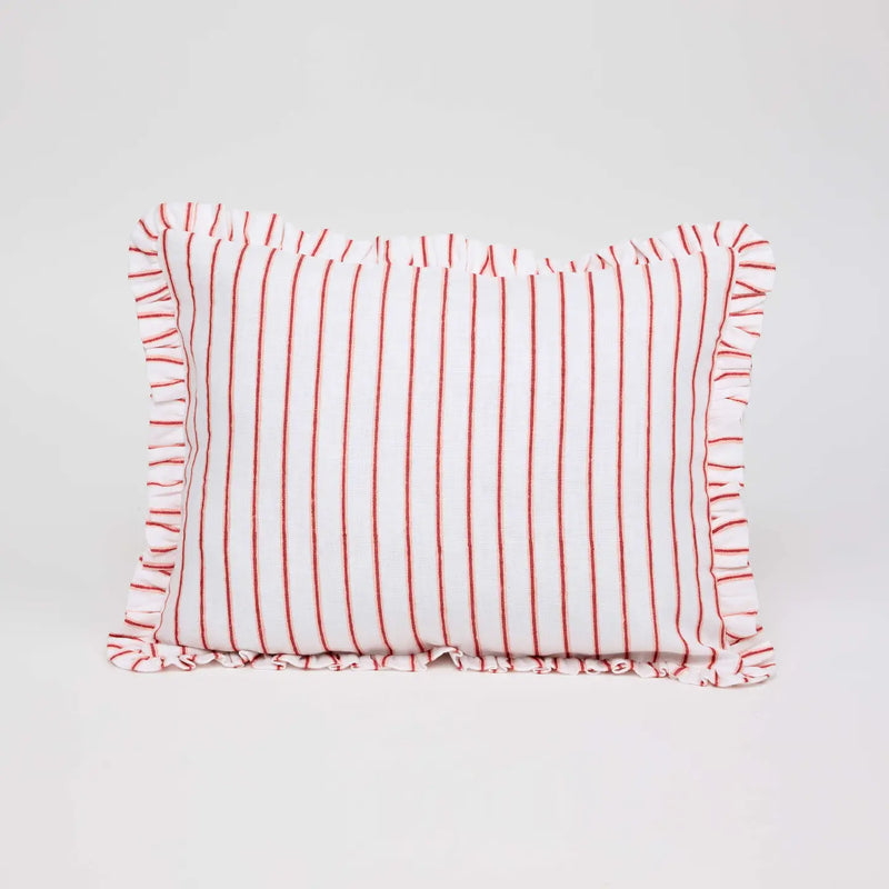 Block Printed Ruffled Cushion Cover Shadow Stripe - Red