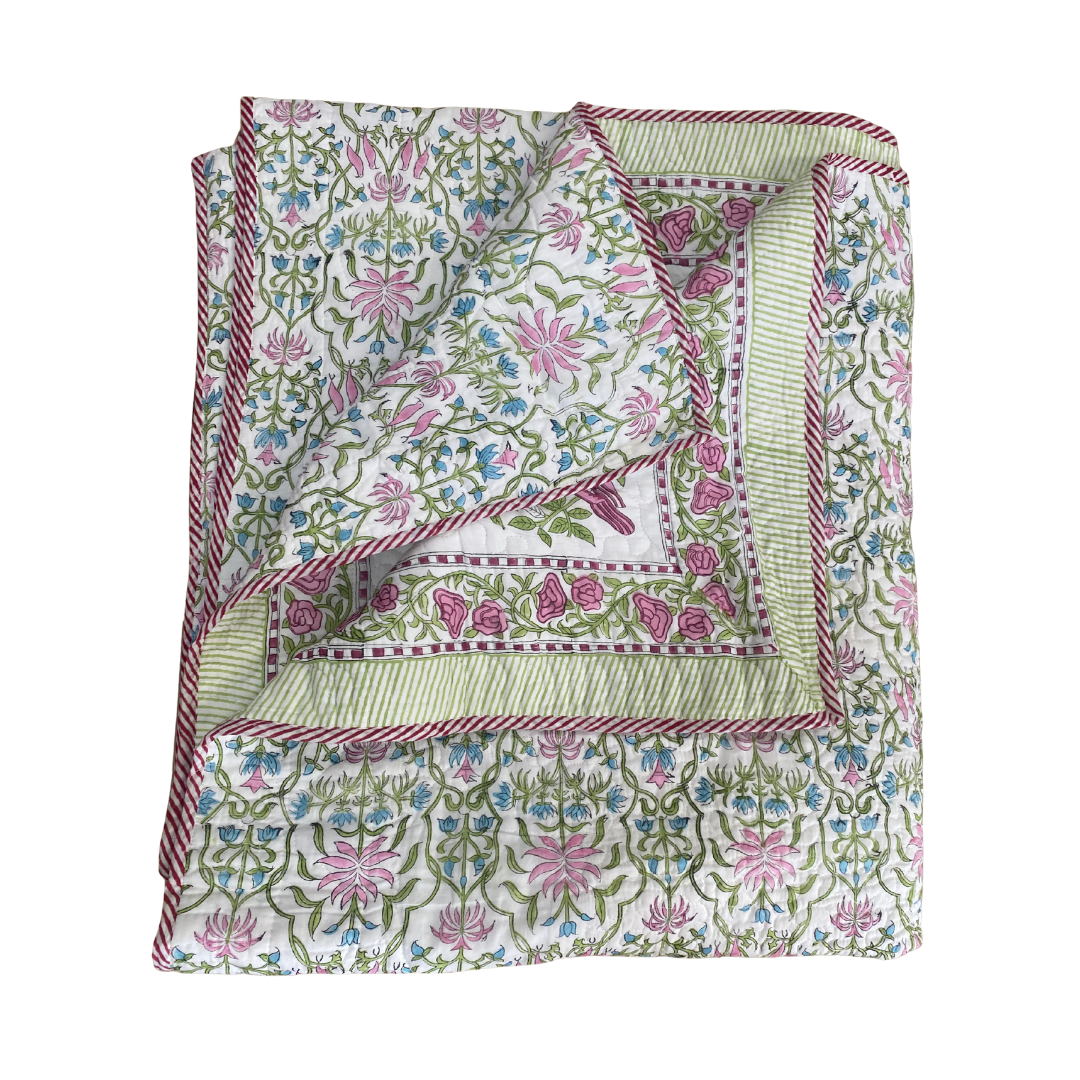 Blue and Pink Birds Bedspread with Pillowcases - Double