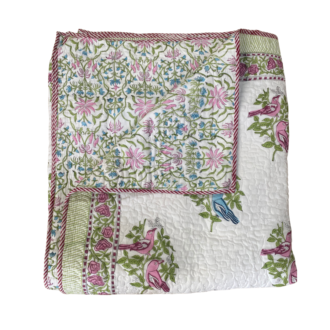 Blue and Pink Birds Bedspread with Pillowcases - Double