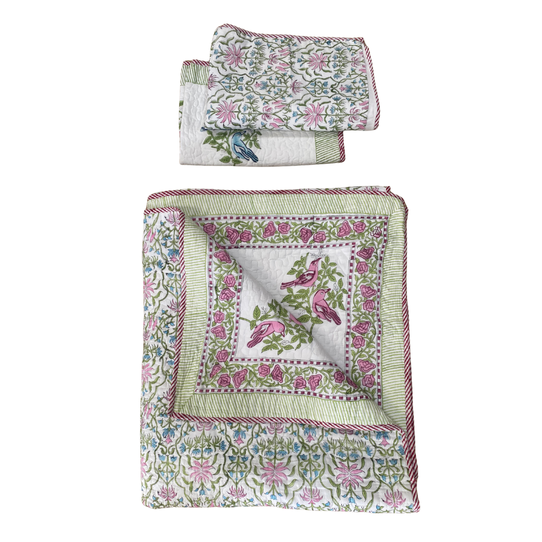 Blue and Pink Birds Bedspread with Pillowcases - Double