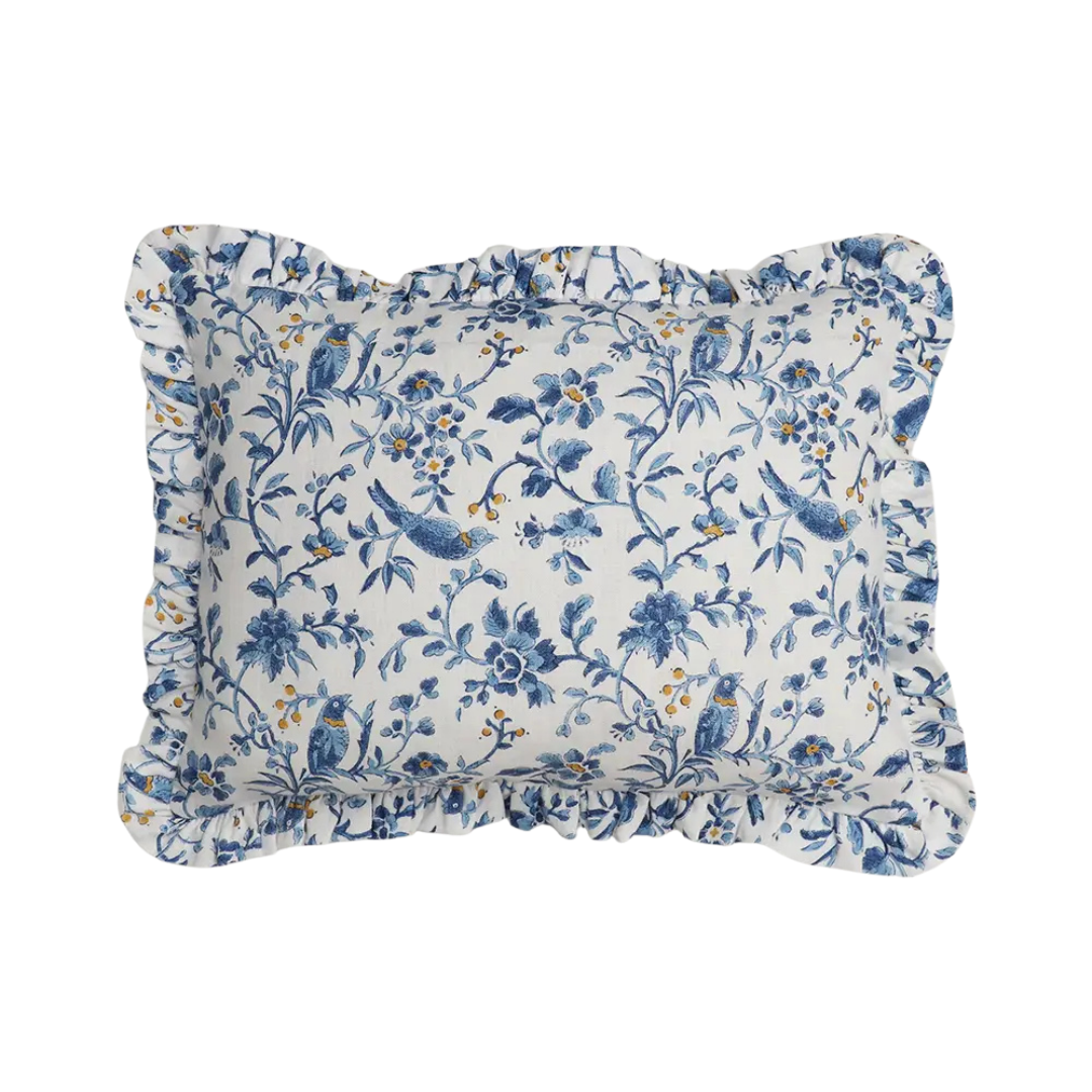 Blue Robin & Peony Block Printed Ruffled Cushion Cover