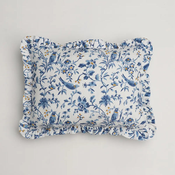 Blue Robin & Peony Block Printed Ruffled Cushion Cover