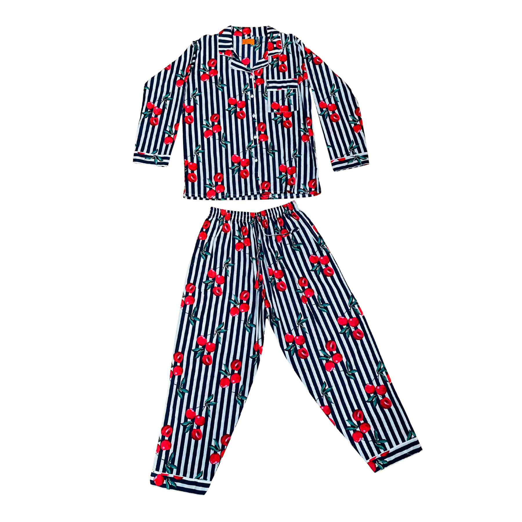 Kelling Home Block Print Cotton Pyjama Set – Navy Stripe & Cherry