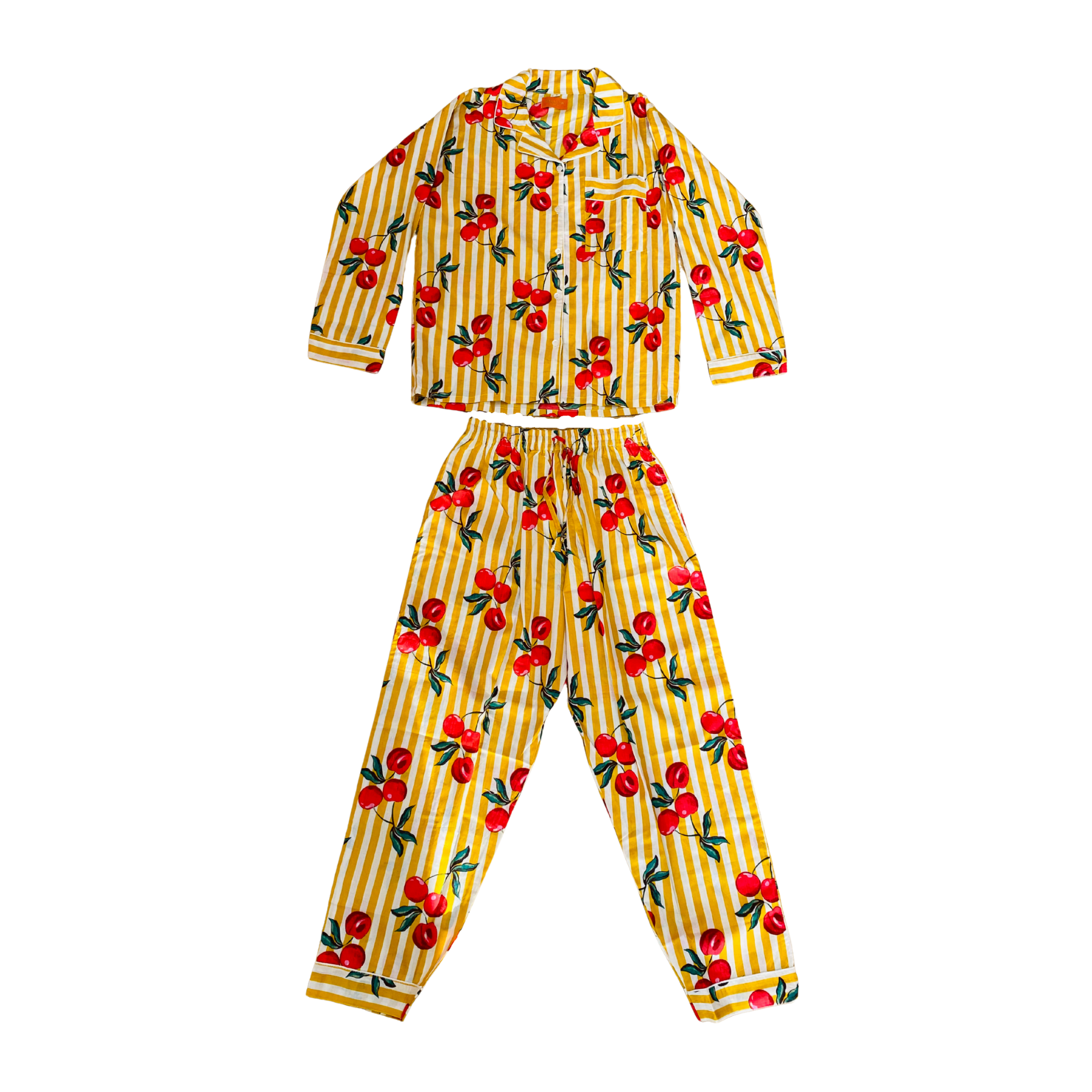 Kelling Home Block Print Cotton Pyjama Set – Yellow Stripe & Cherry