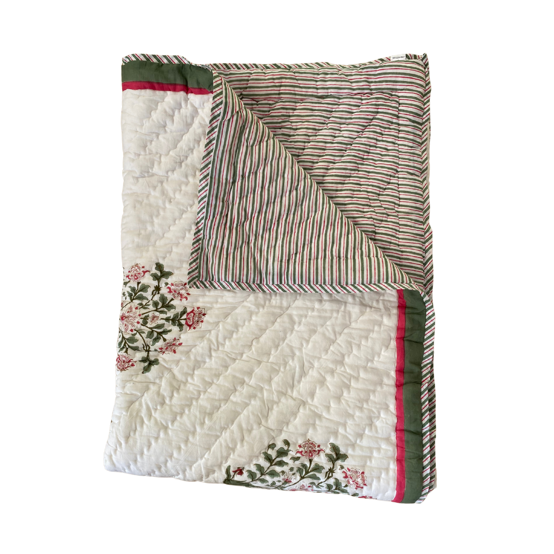 Cotton Quilted Bedspread Red Flower with Green Stem - Single