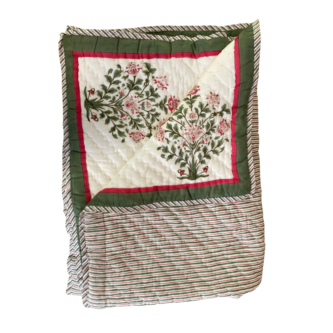 Cotton Quilted Bedspread Red Flower with Green Stem - Single