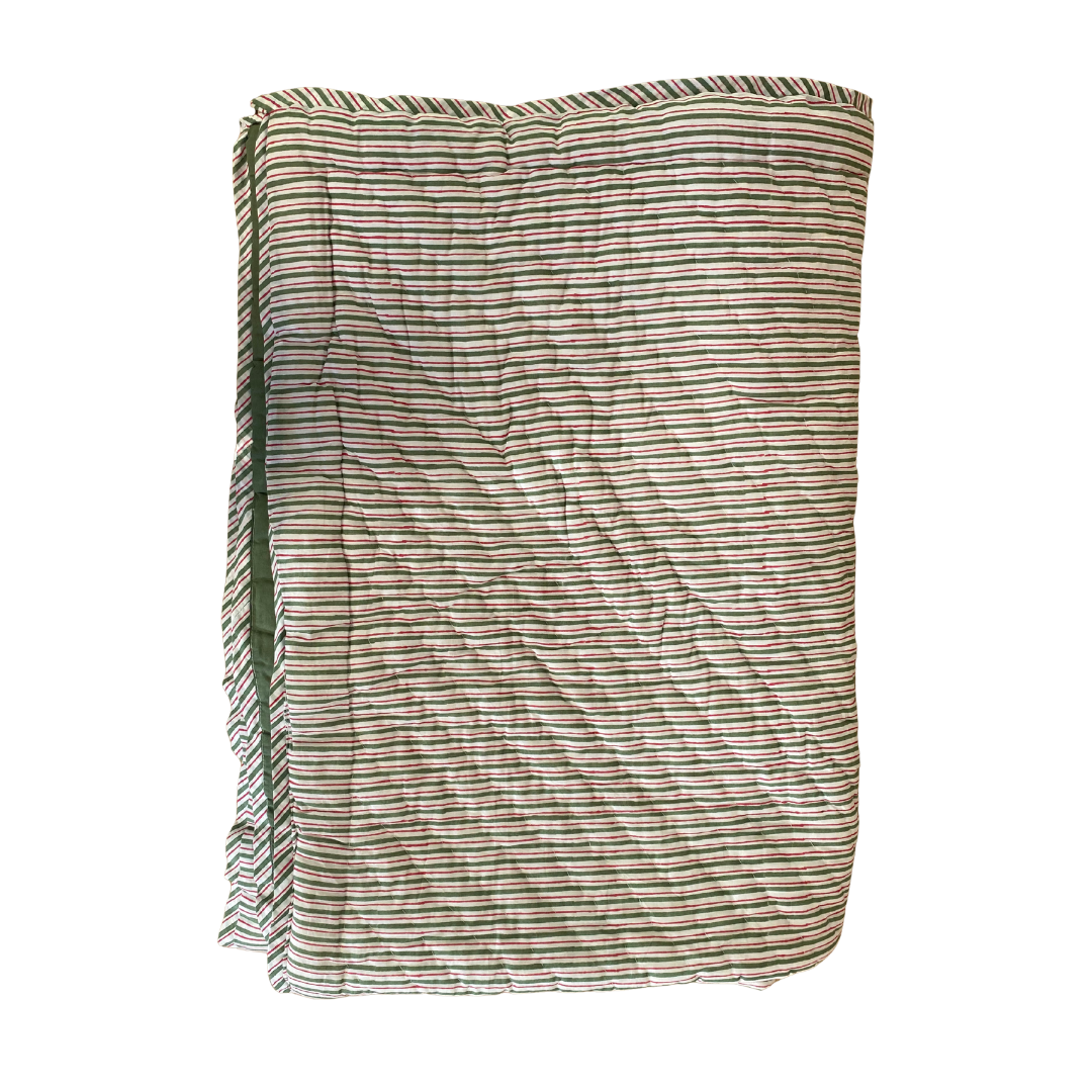 Cotton Quilted Bedspread Red Flower with Green Stem - Single