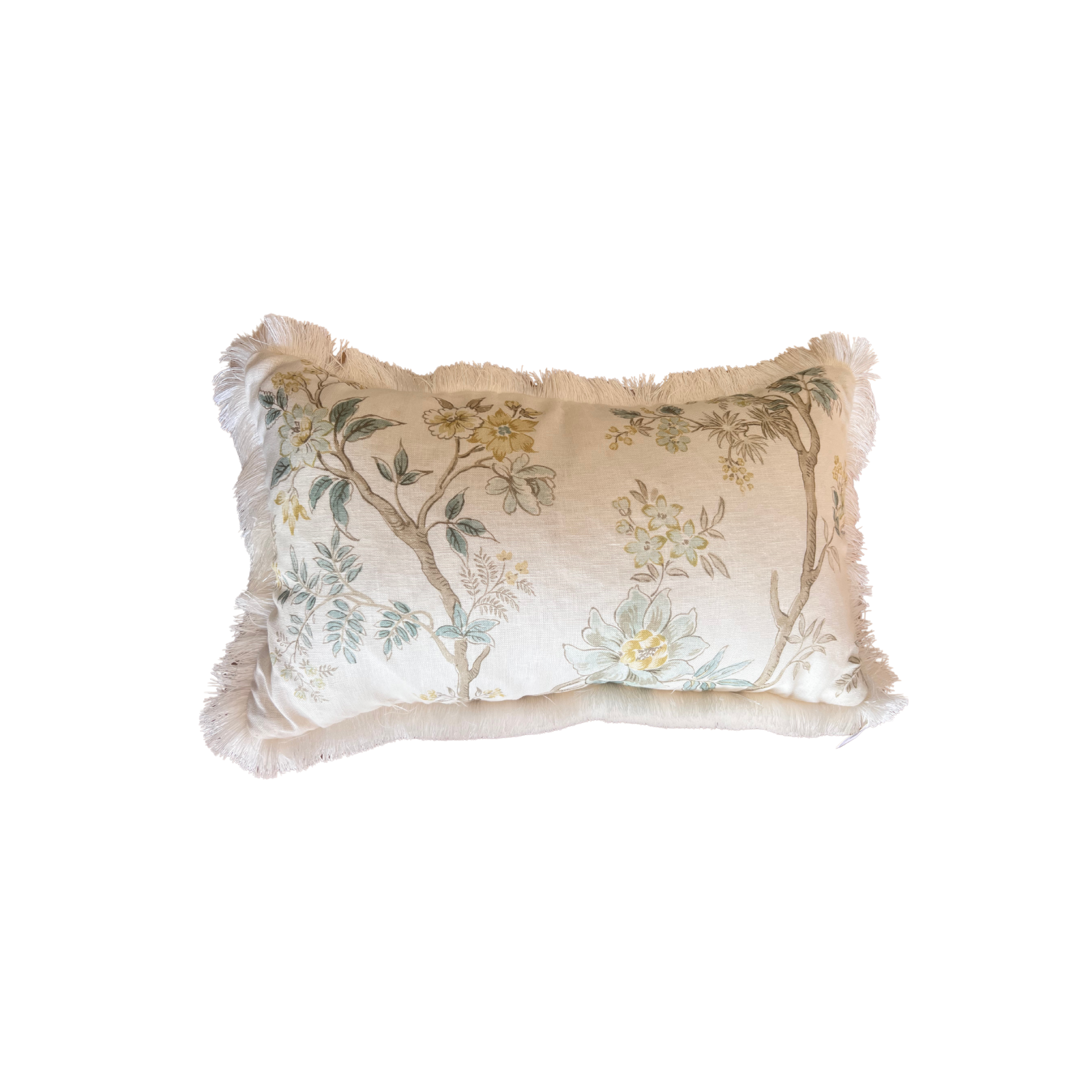 Cream Floral Lumbar Cushion with White Fringing