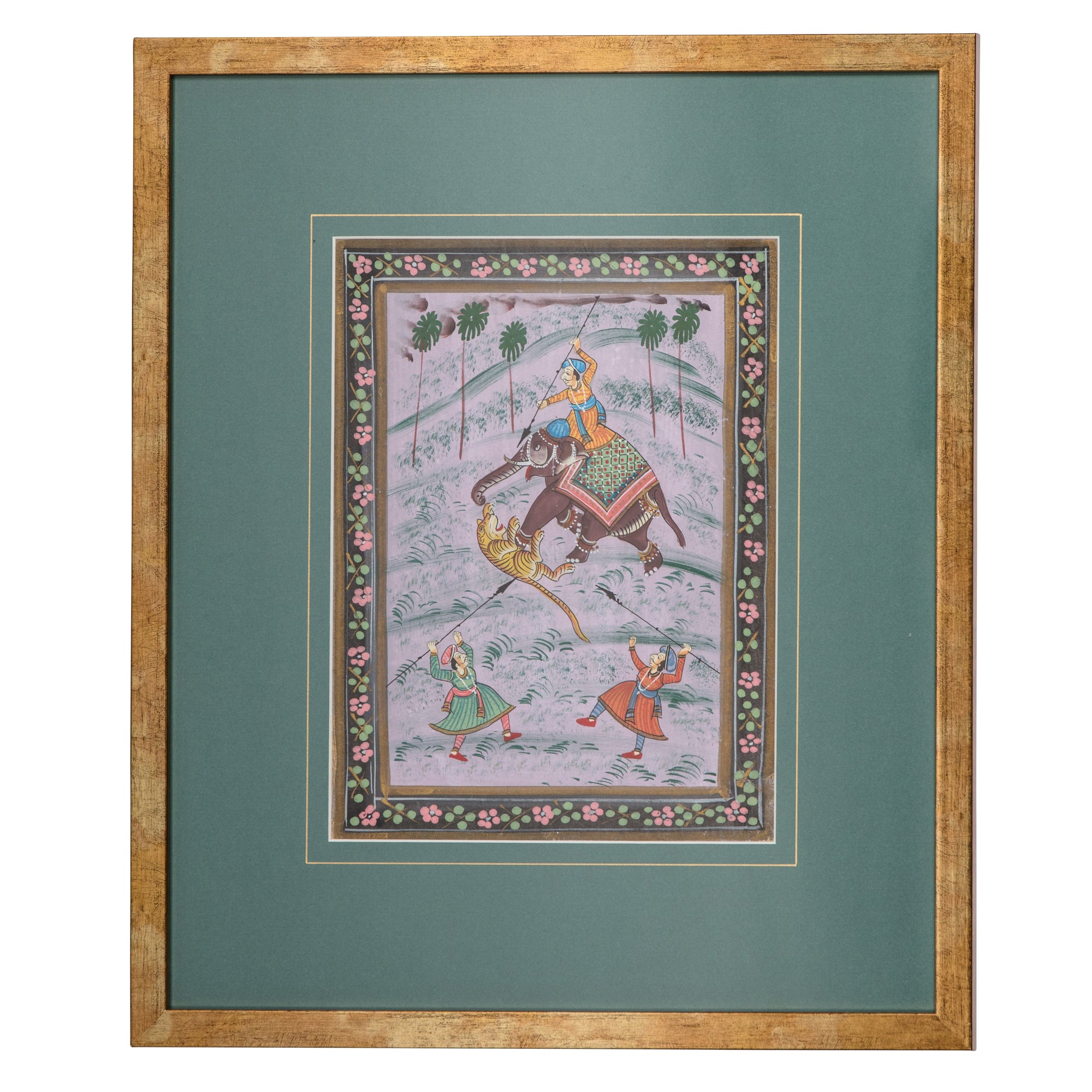 Framed traditional artwork with a scene of a warrior on a horse, surrounded by decorative elements.