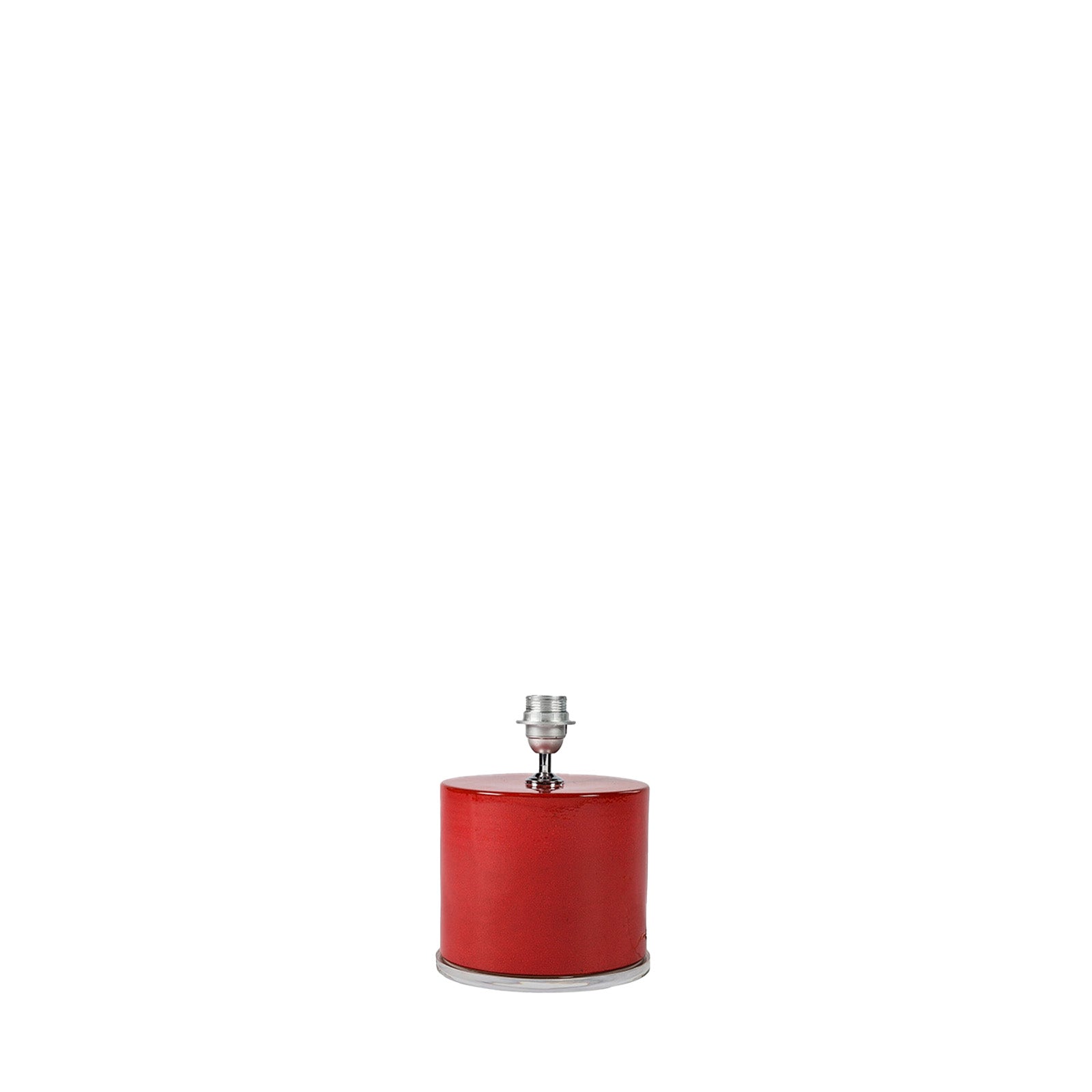 A red ceramic lamp base with an acrylic top, designed to hold a bulb and lampshade, against a plain background.