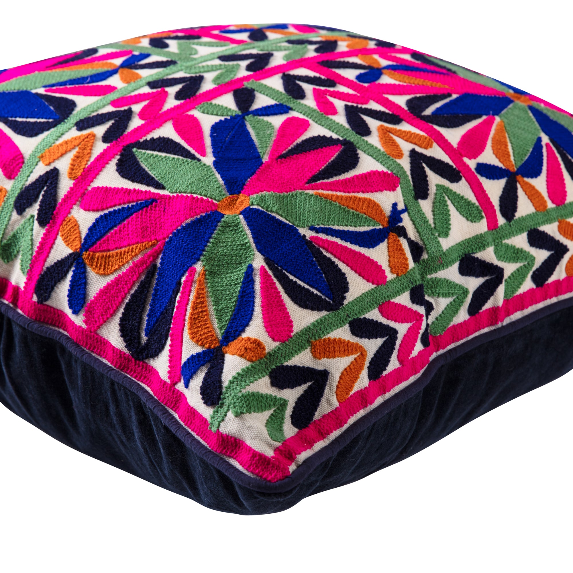 Embroidered Cushion with Blue Velvet Back