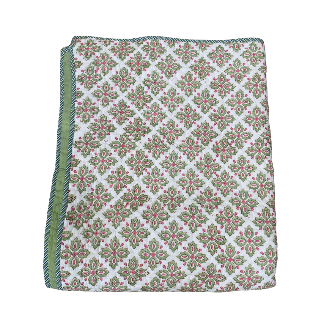 Green Tree and Pink Flower Cotton Quilted Bedspread - Double
