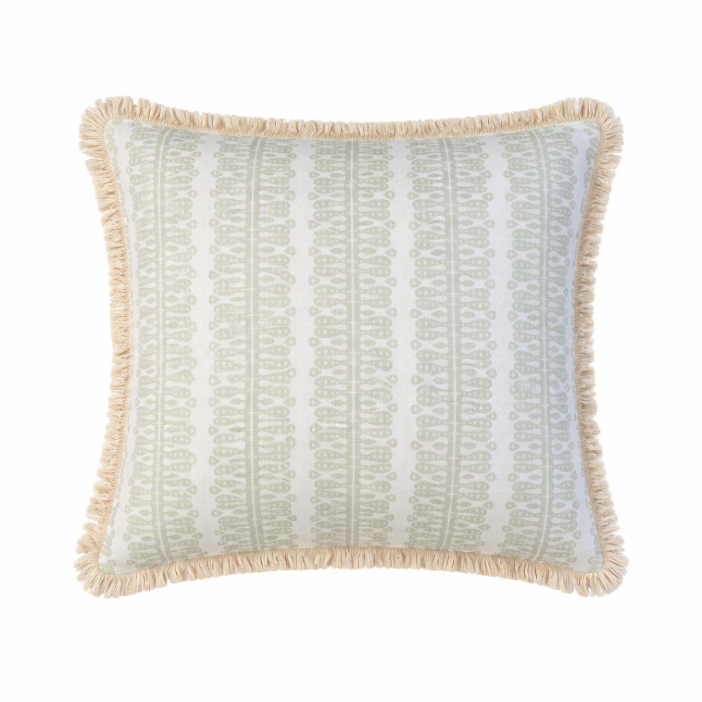Hearts and Minds Cushion - Sage with Cream Fringe