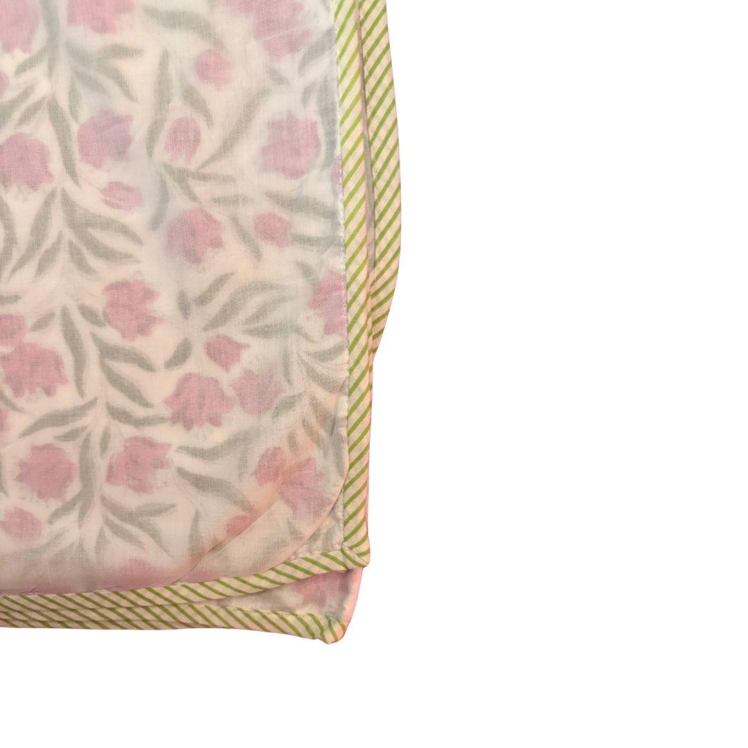 NEW IN | Pink andLight Green Posy Scatter with Stripe Trim Dohar - Double