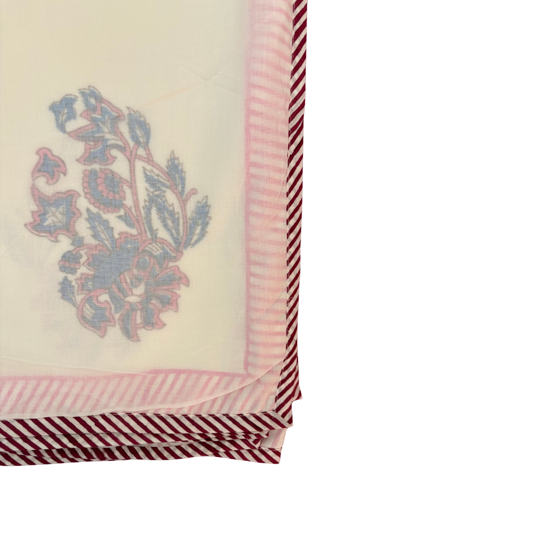 NEW IN | Pink and Blue Abstract Floral Bunch with Baby Pink and Port Stripe Border - King / Super King Dohar