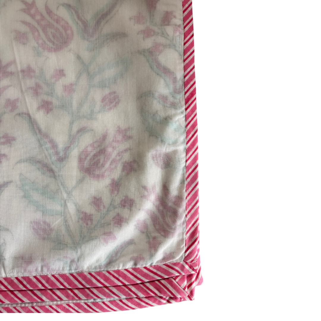 NEW IN | Pink and Aqua Floral Vines with Pink Stripe Trim | Single Dohar