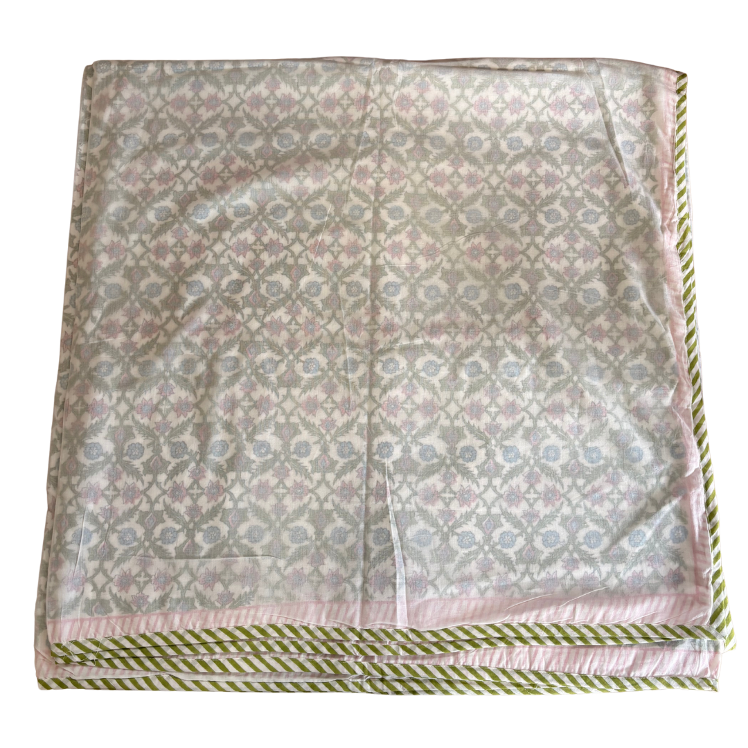 NEW IN | Dainty Blue and Pink Floral Design with Double Pink and Green Stripe Border - King / Super King Dohar