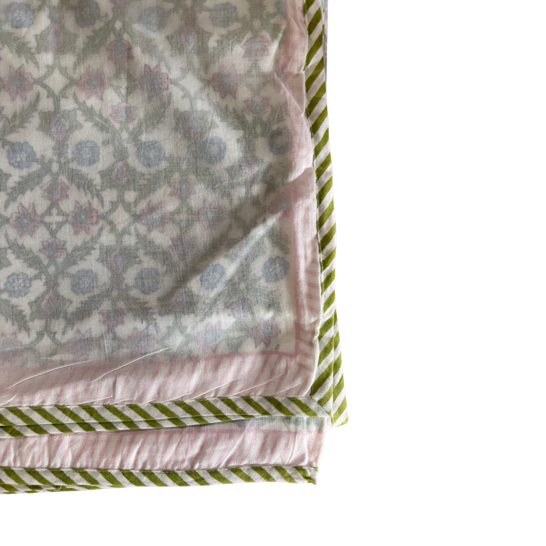NEW IN | Dainty Blue and Pink Floral Design with Double Pink and Green Stripe Border - King / Super King Dohar