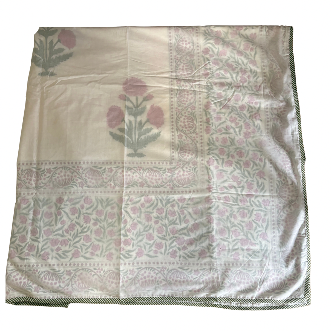 NEW IN | Pink Large Dahlia with Major floral border and sage stripe trip Dohar - Double
