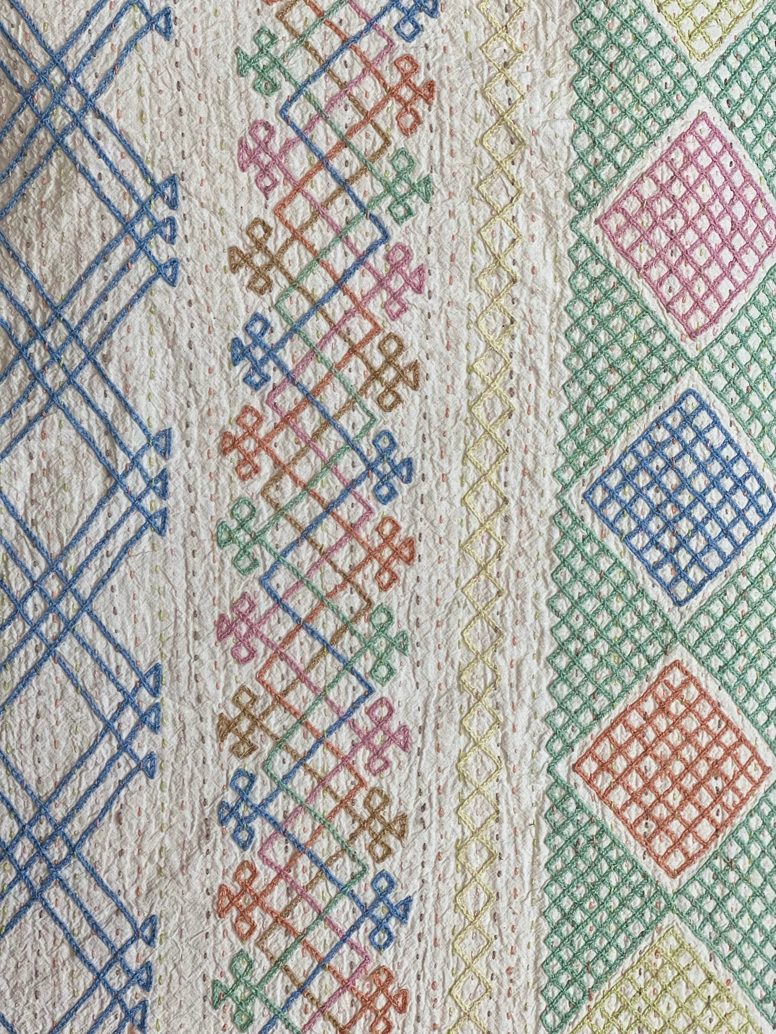 Hand Embroidered Single Bedspread Candy Colours, blue cross stitch 100% Cotton