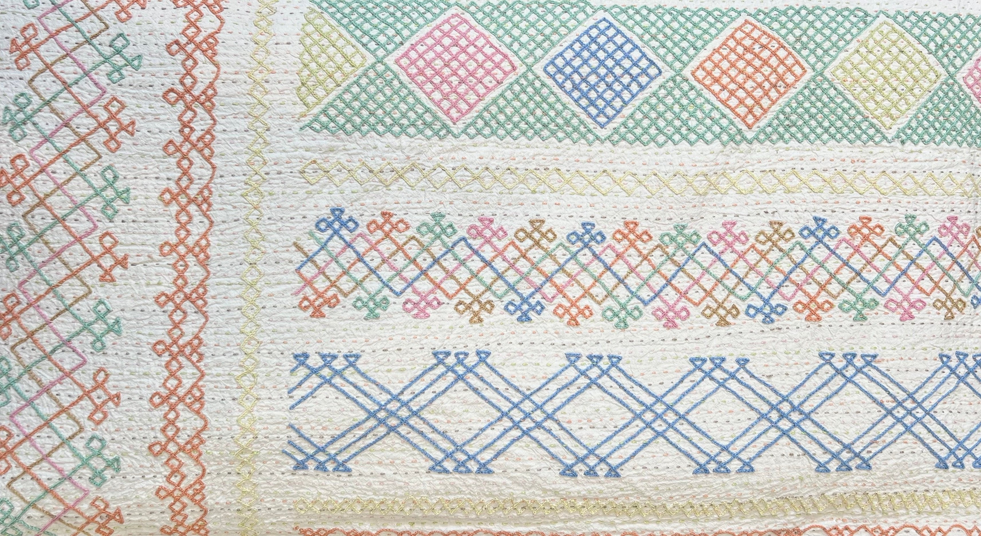 Hand Embroidered Single Bedspread Candy Colours, blue cross stitch 100% Cotton