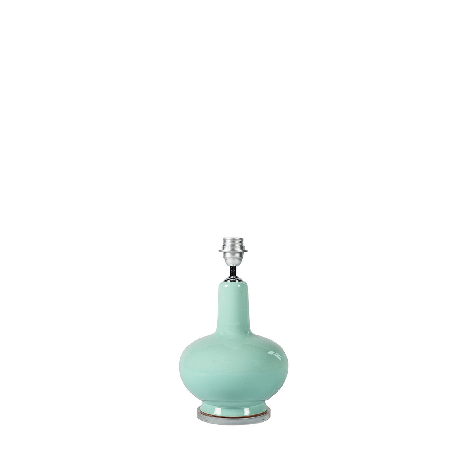 A sky blue colored ceramic lamp base with an acrylic base, designed for an E27 screw cap bulb.