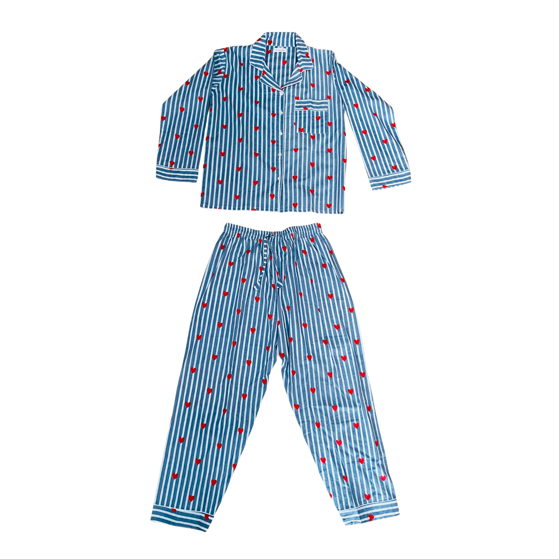 Kelling Home Block Print Cotton Pyjama Set – Blue Stripe & Heart