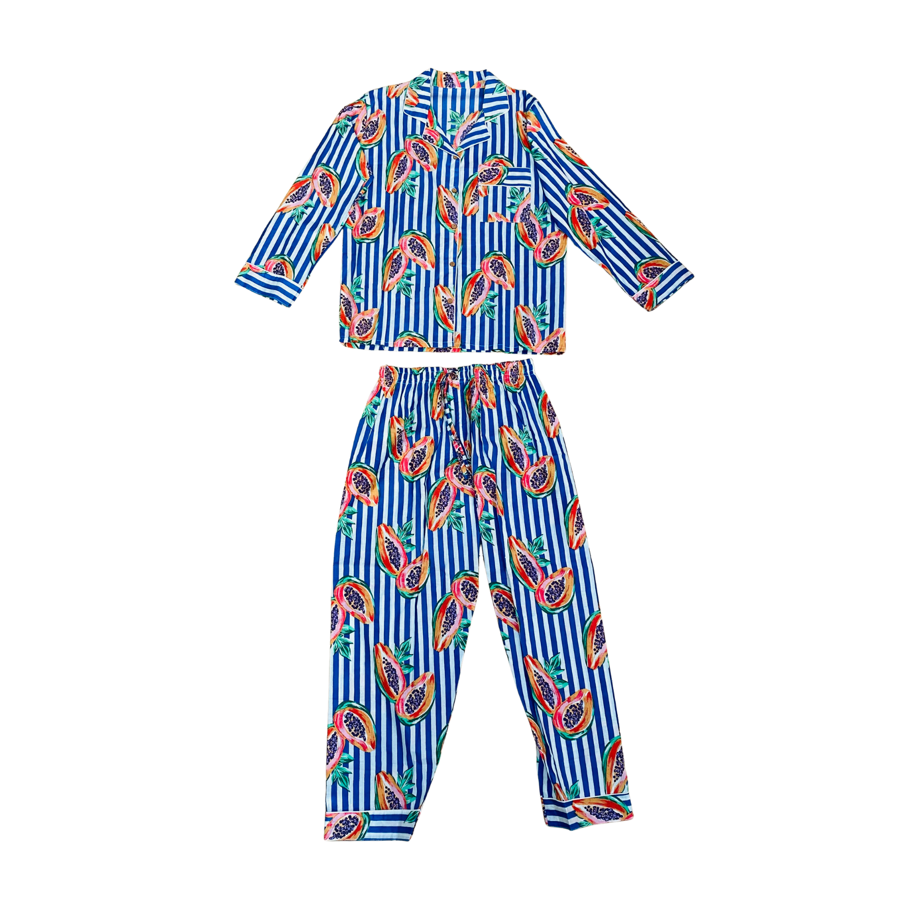 Kelling Home Block Print Cotton Pyjama Set – Papaya Blue Stripe