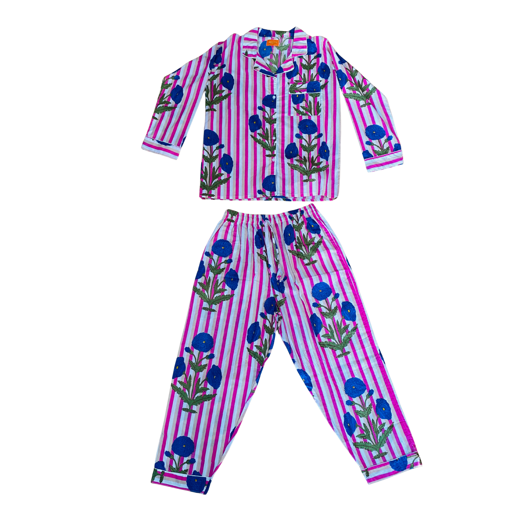 Kelling Home Block Print Cotton Pyjama Set – Pink Stripe & Blue Floral