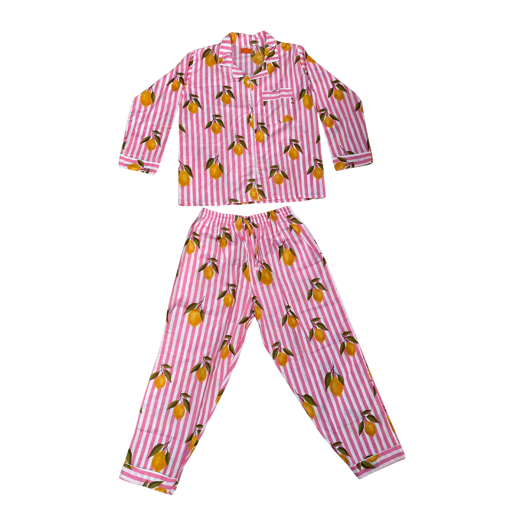 Kelling Home Block Print Cotton Pyjama Set – Pink Stripe & Lemon
