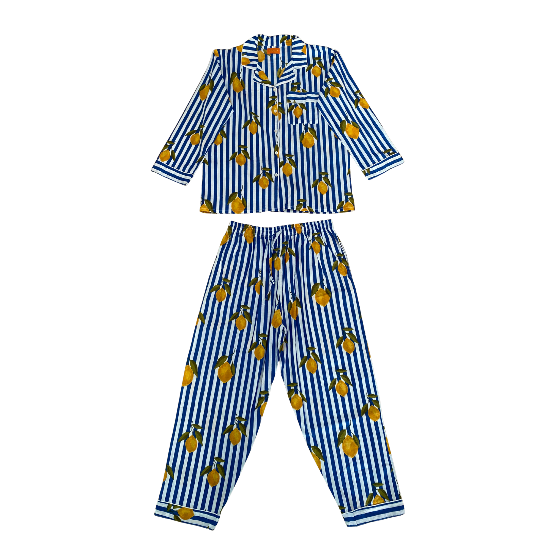 Kelling Home Block Print Cotton Pyjama Set – Royal Blue Stripe & Lemon