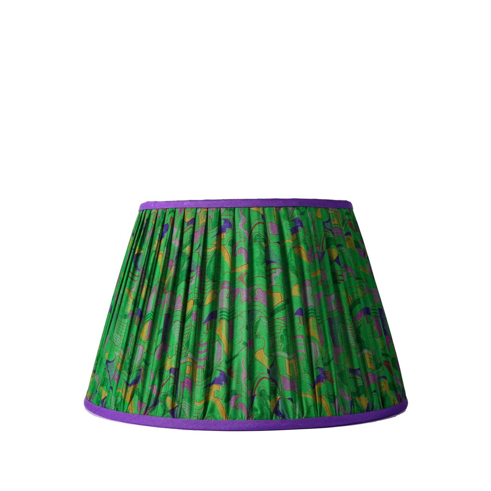 A conical lampshade with a green floral pattern and purple trim at the top and bottom.