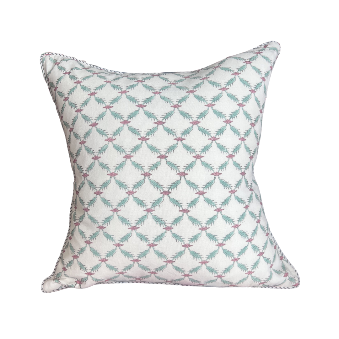Linen Deep Pink and Mint Green Trellis cushion with Green & White Piping