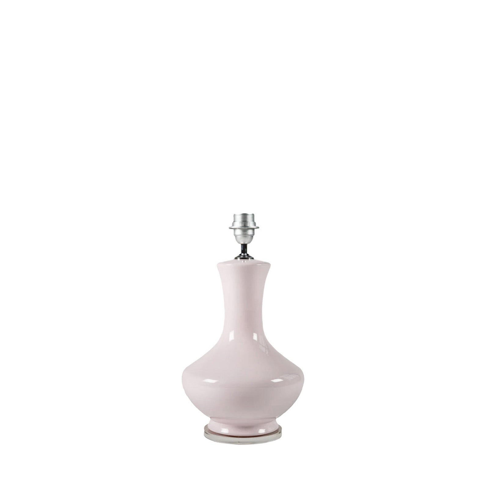 A ceramic blush colored lamp with an acrylic base, designed to accommodate an E27 screw cap bulb, shown without a shade.