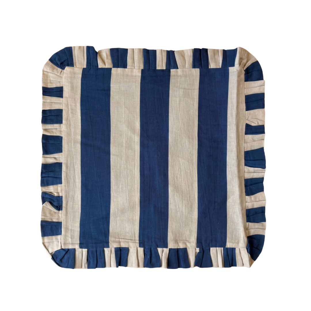 Linen Ruffle Cushion Cover - Navy and Beige