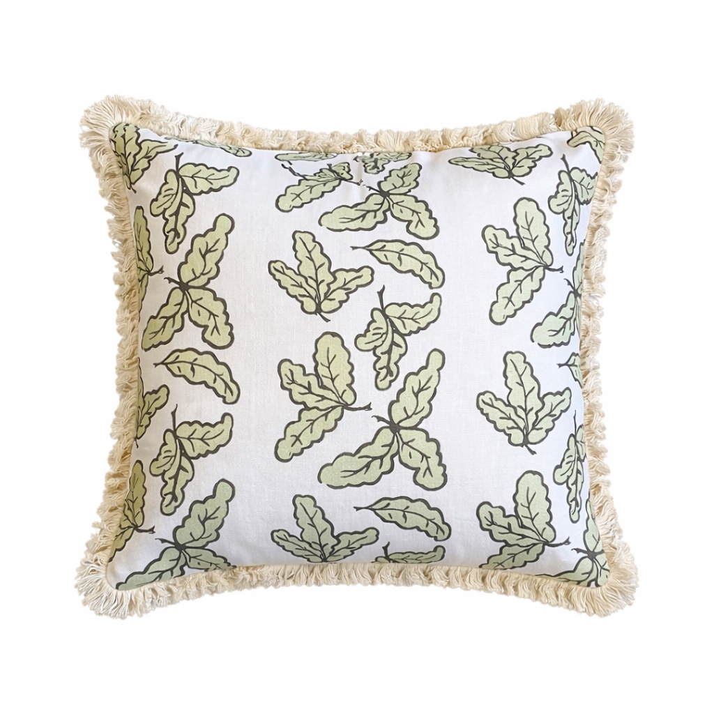 Oak Leaf Cushion - Sage with Cream Fringe